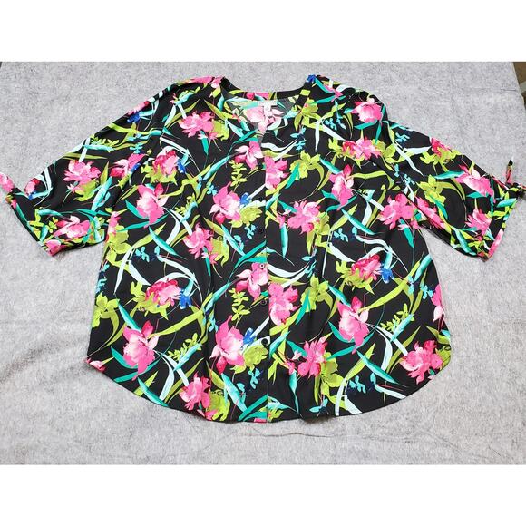 Catherines Top Womens 2X Button Front Half Sleeve Floral Tie Sleeve Tropical - Picture 1 of 10